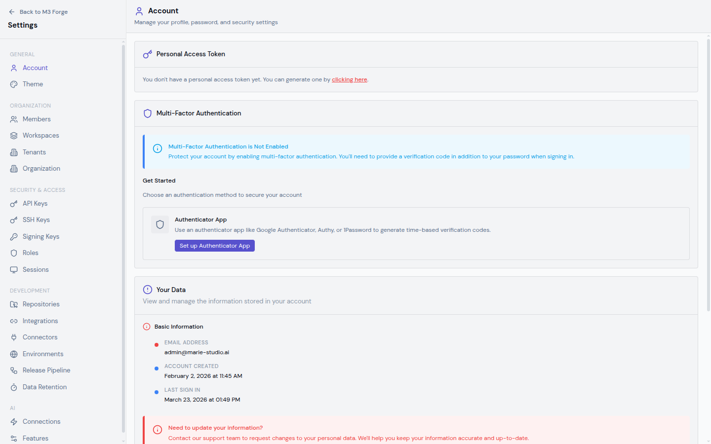 Administration dashboard showing system health, user count, and configuration status