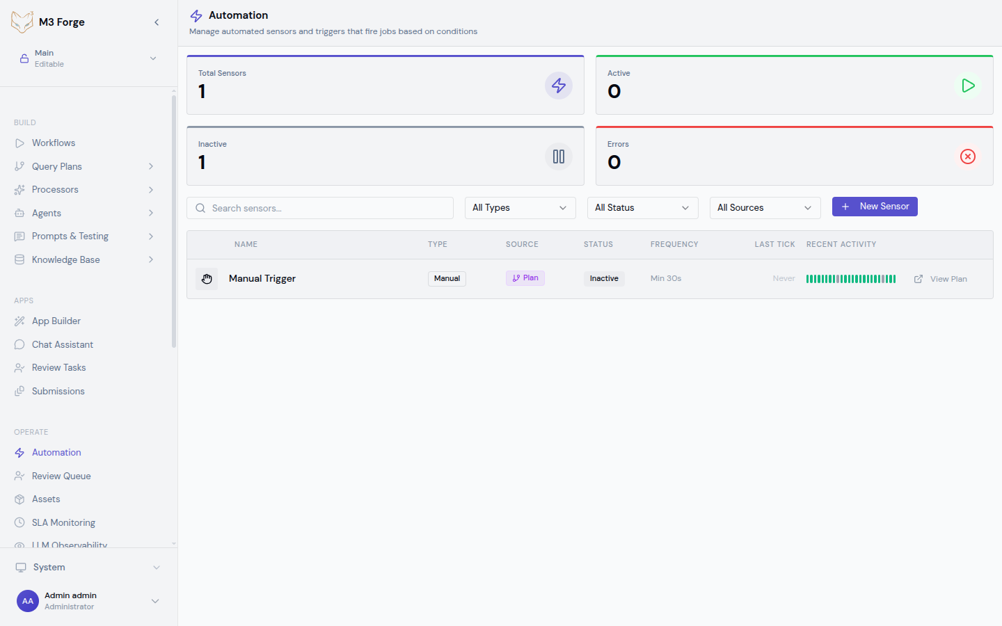 Trigger creation form showing trigger type selector, schedule configuration, and workflow binding