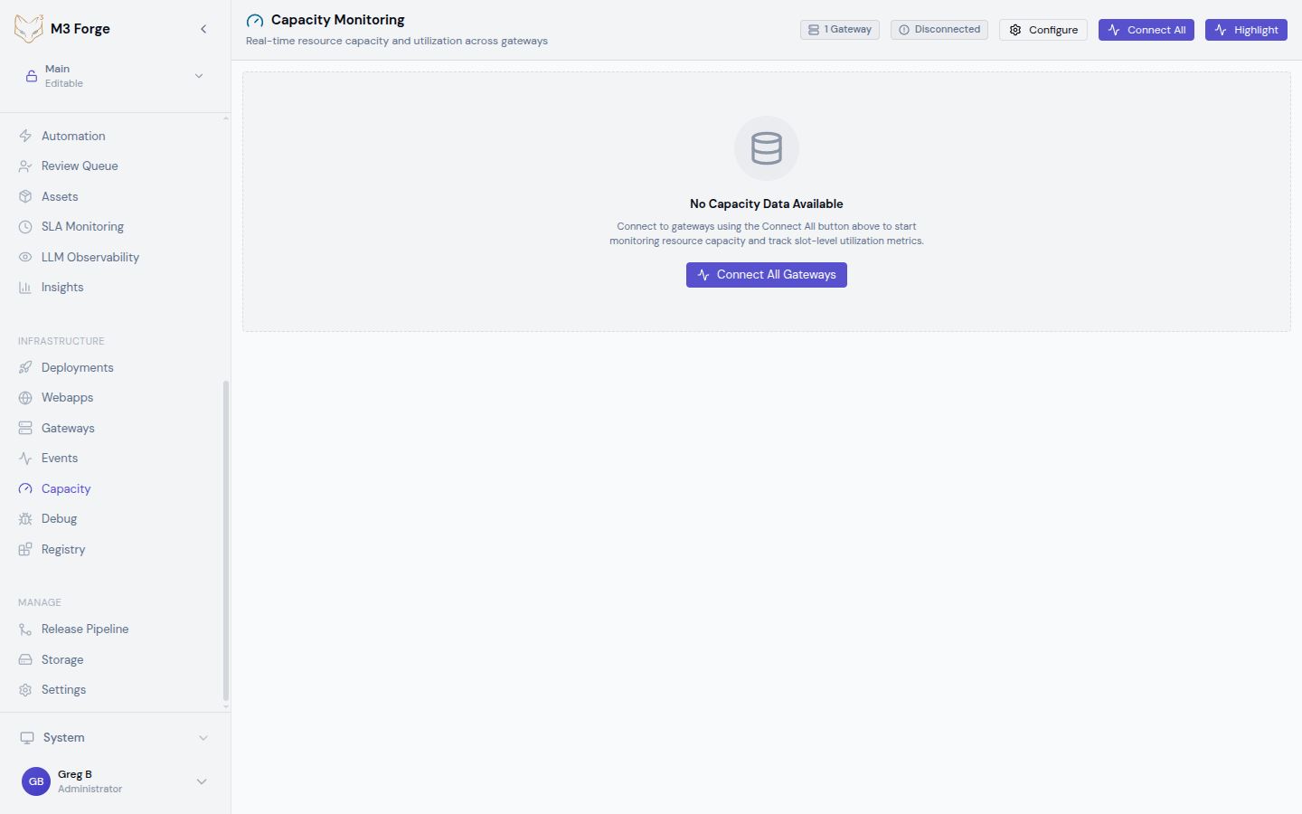 Real-time capacity monitoring showing gateway status, utilization metrics, and capacity slots across multiple gateways