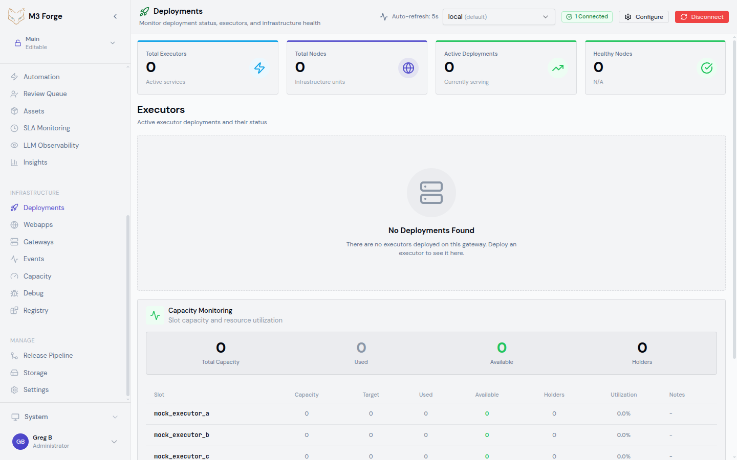 Deployments dashboard showing executor table with status, capacity cards, and executor detail flyout