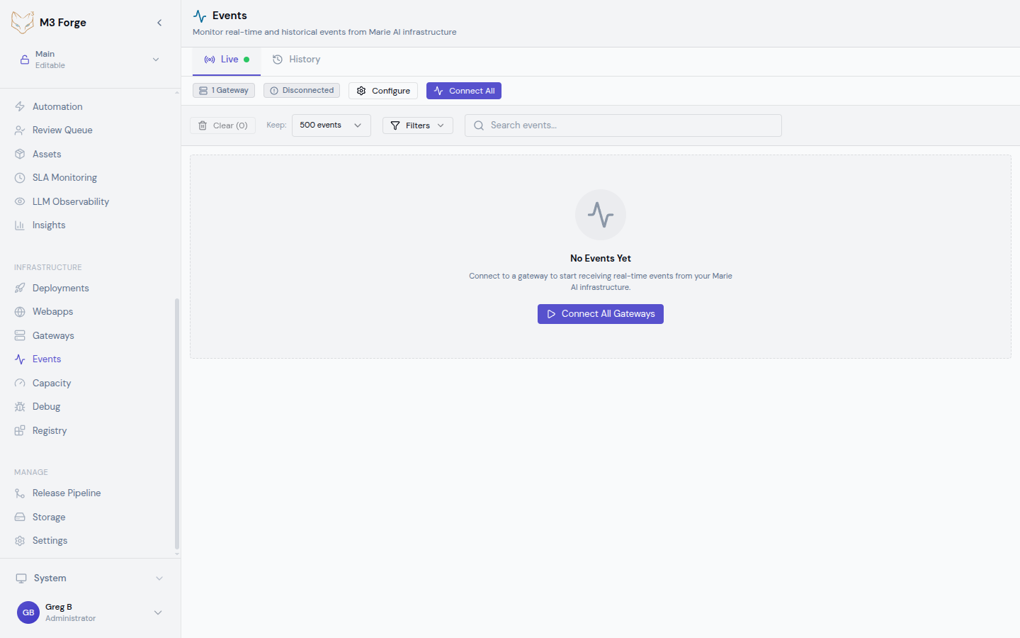 Dual-tab interface showing live event stream with metrics cards and historical search with time range filters