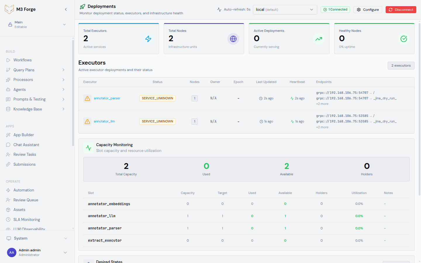 Infrastructure dashboard showing deployments, gateways, capacity metrics, and system health status