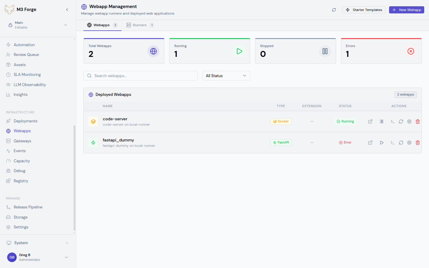 Webapps management page showing webapp list, runners tab, and real-time log viewer