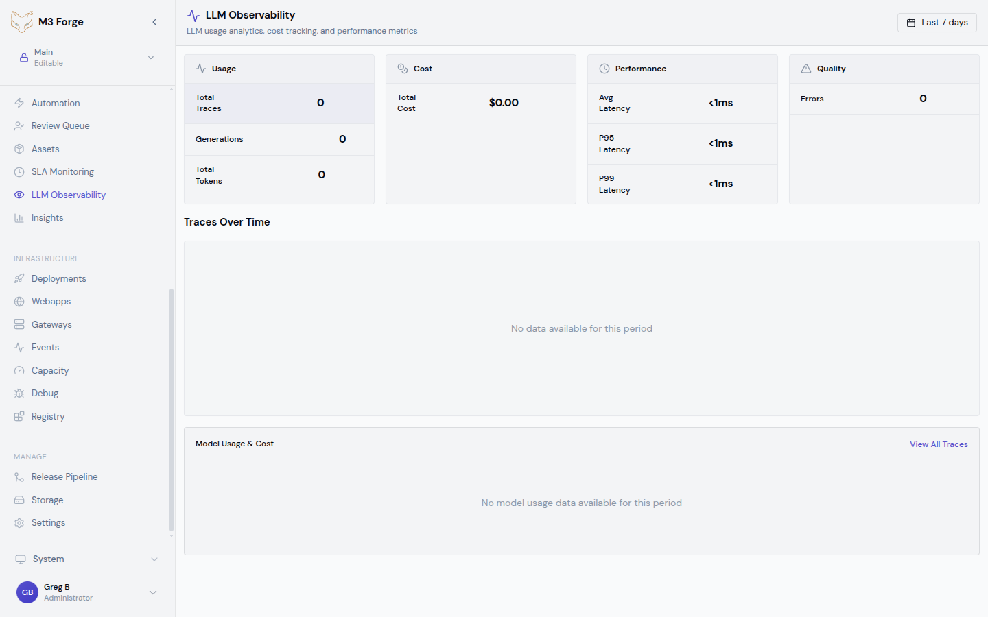 LLM Observability dashboard showing cost breakdown by model, token usage charts, and latency metrics
