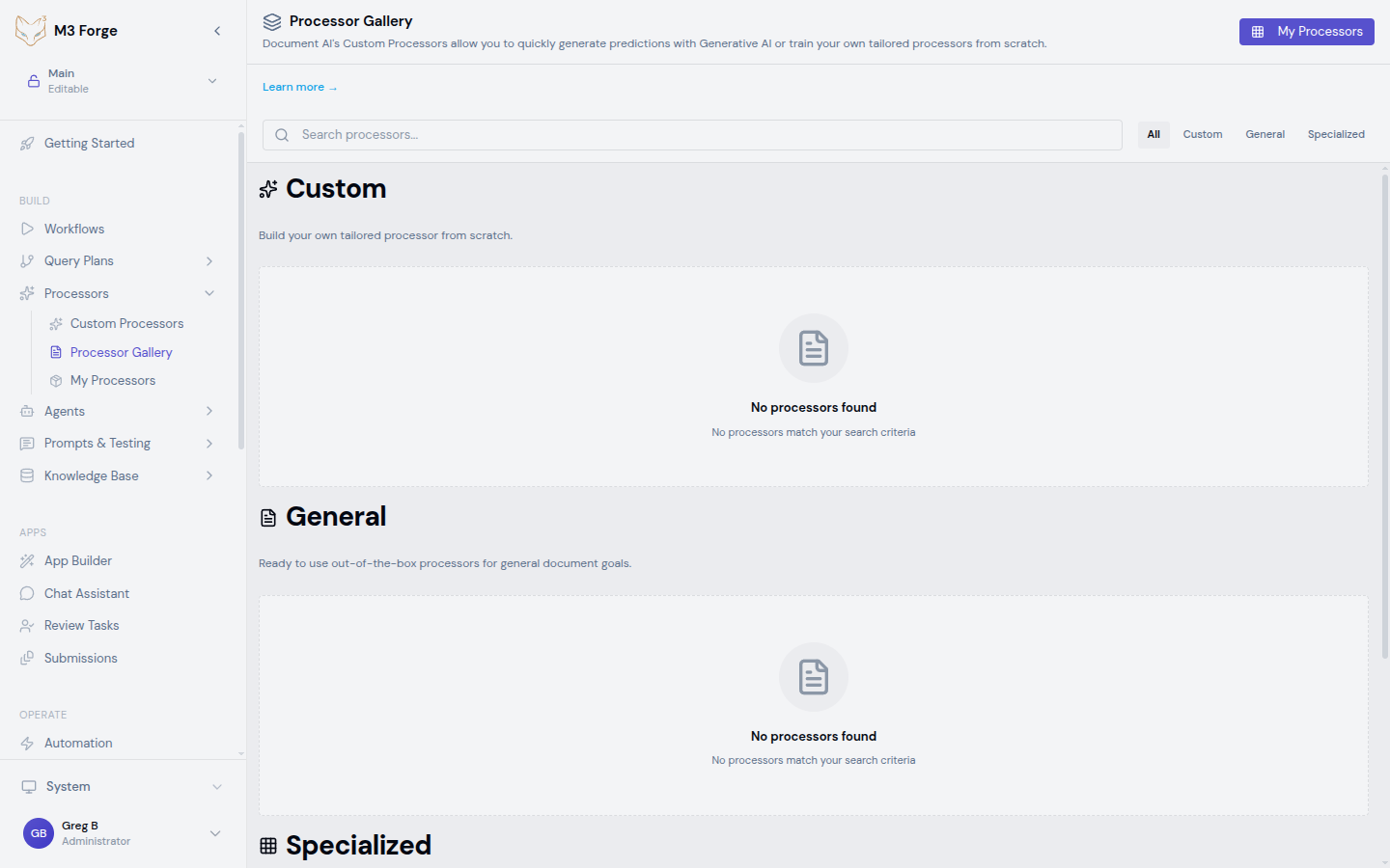Processor Gallery showing processor cards organized by Custom, General, and Specialized categories with search and filter controls