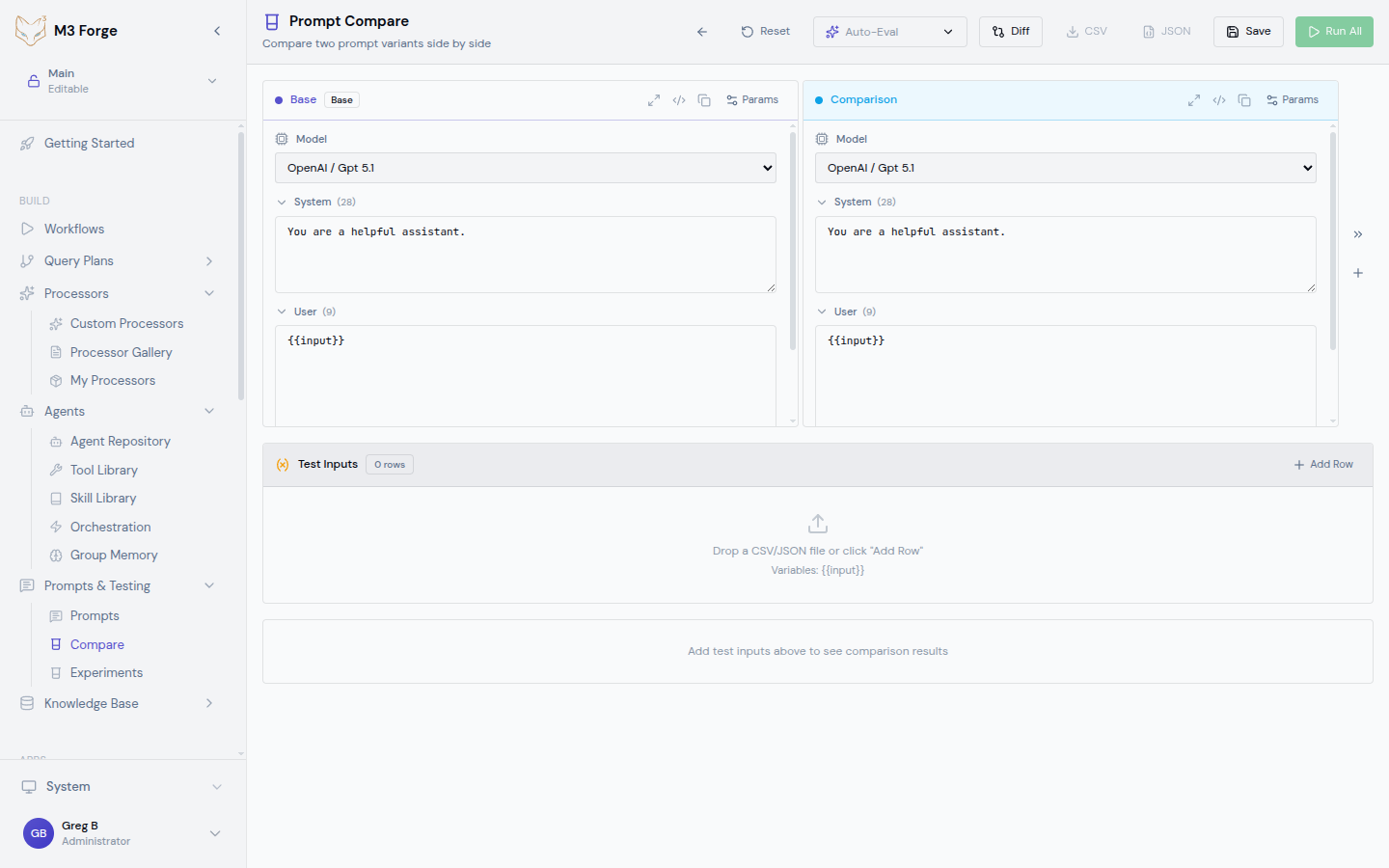 Side-by-side comparison view showing two prompt versions with highlighted differences and output comparison