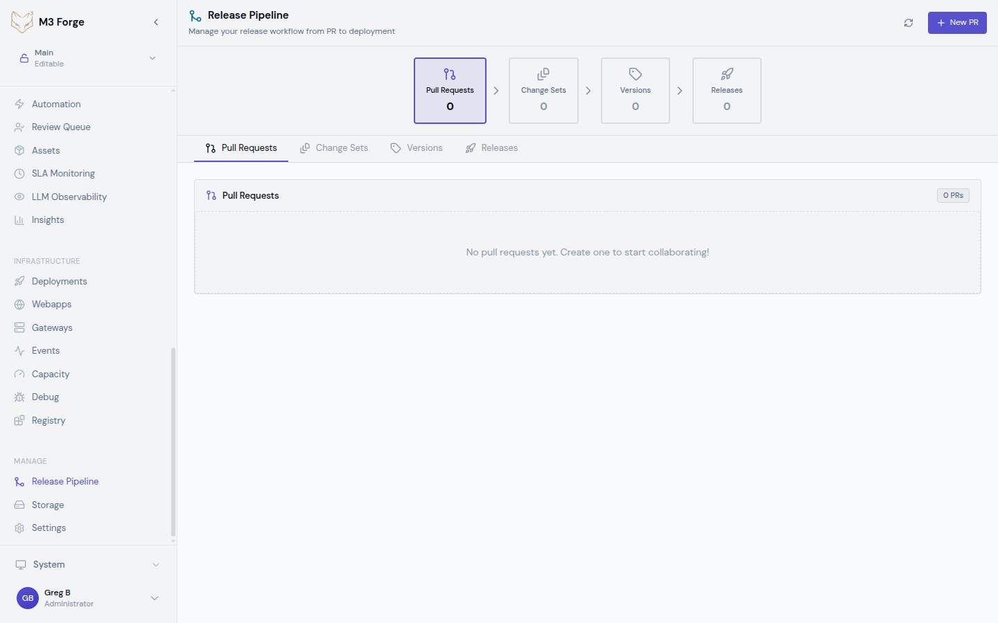 Release pipeline showing 4-stage flow: Pull Requests → Change Sets → Versions → Releases with status indicators