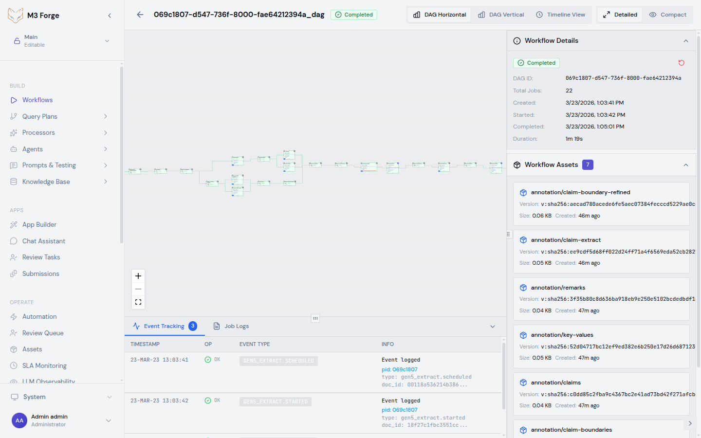 Workflow canvas editor with node palette on left, DAG canvas in center, and node configuration panel on right