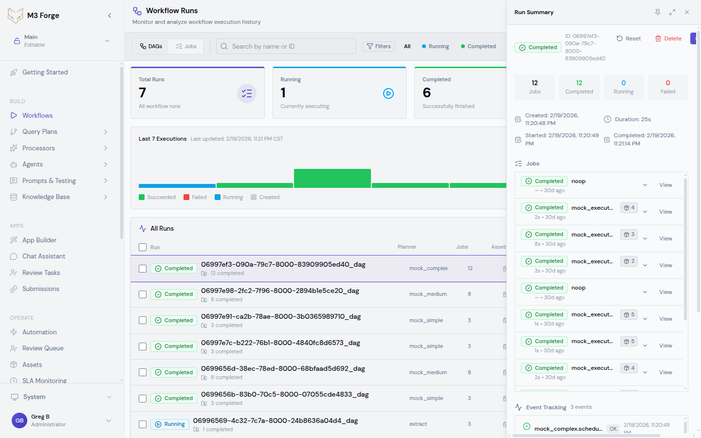 Run detail view showing node-by-node execution timeline with status indicators and timing