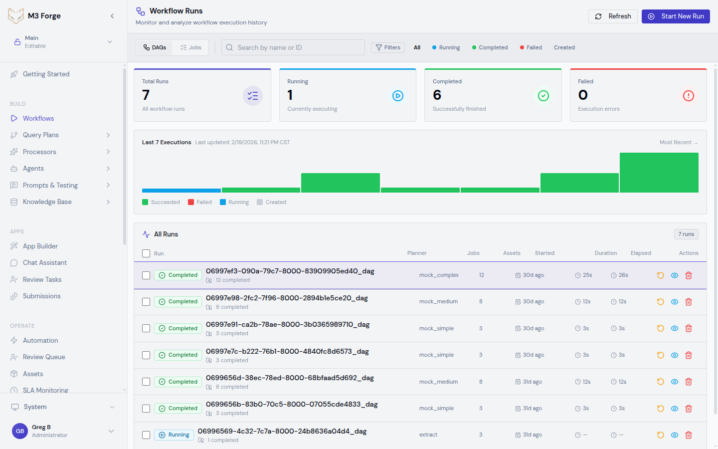 Runs view showing execution list with status badges, duration, and cost columns